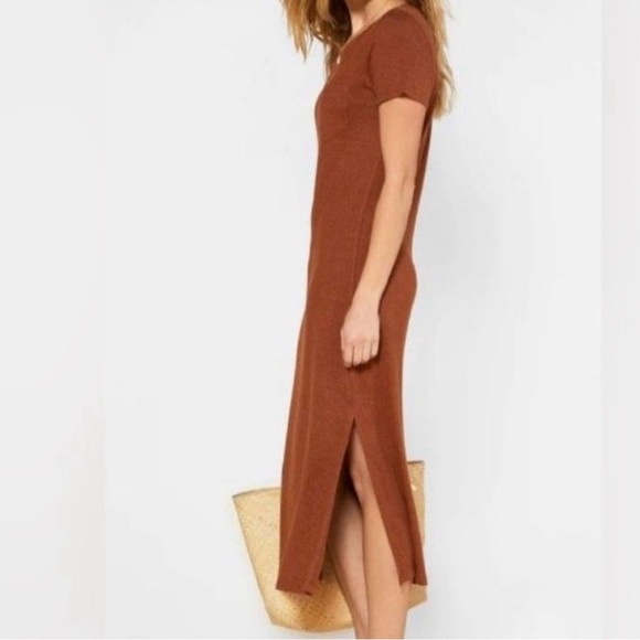 Outerknown Neptune Crew Neck Side Slit Tee Shirt Midi Dress Brown Women’s XS - Picture 2 of 7